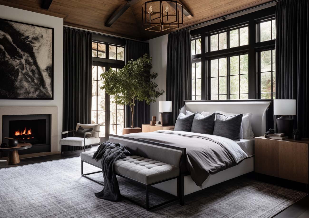 Black drapery in a designer bedroom