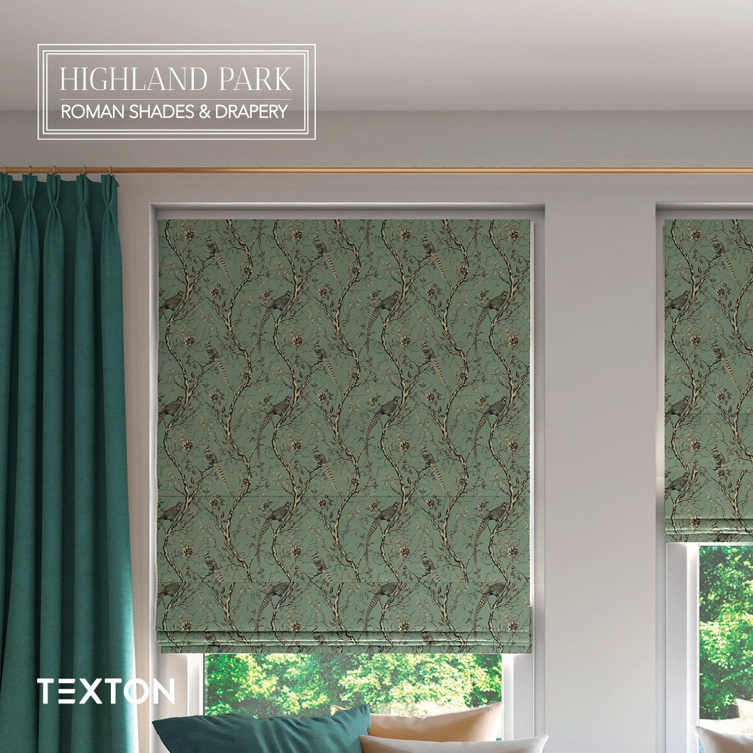 Drapery and roman shades in a coordinated room