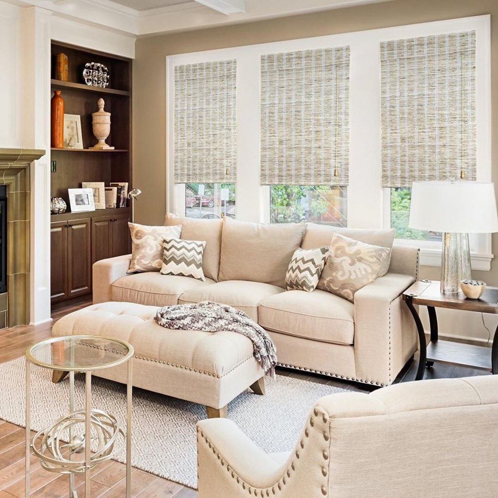 Woven shades in a styled living room